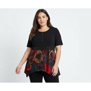 Taillissime Top 14/16 Black Abstract Asymmetrical Layered Zip Neck Tunic Plus SZ